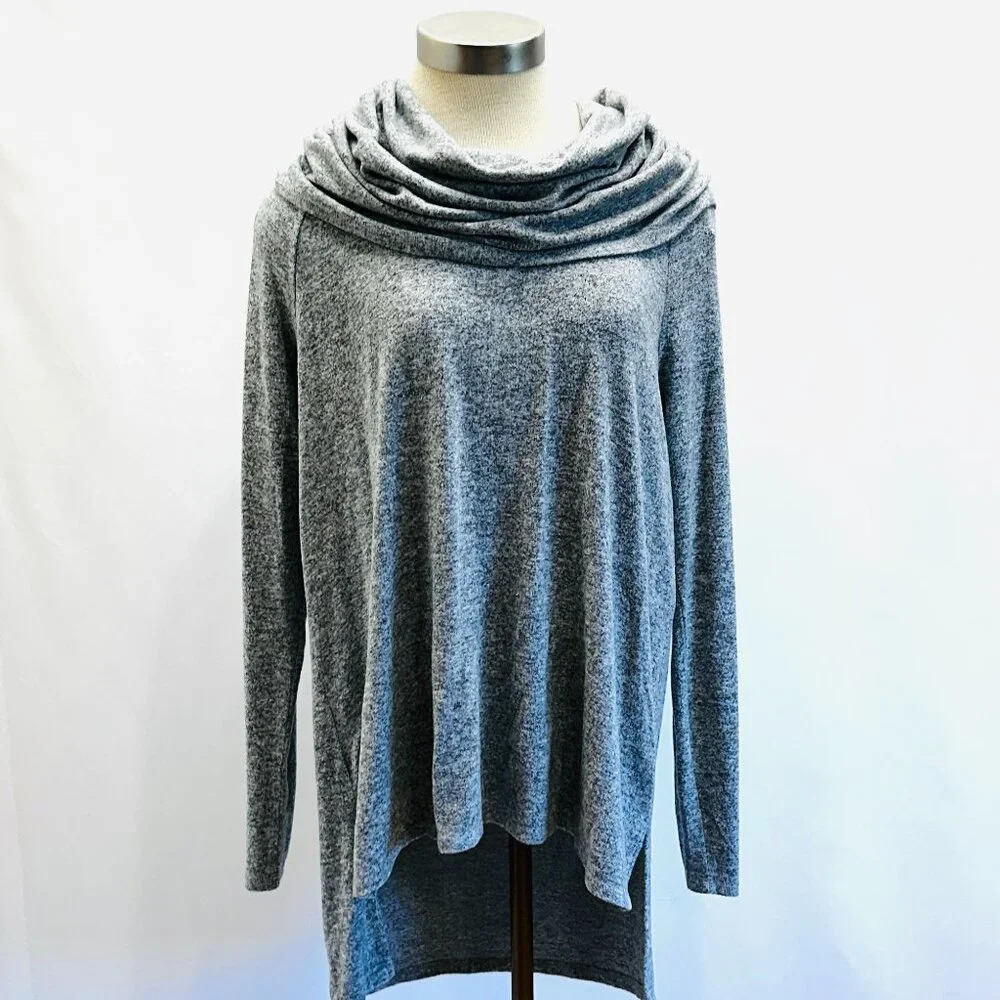 GIBSON Women Long Sleeve Pullover Gray Cowl Neck Asymmetrical Hem Top Size Large